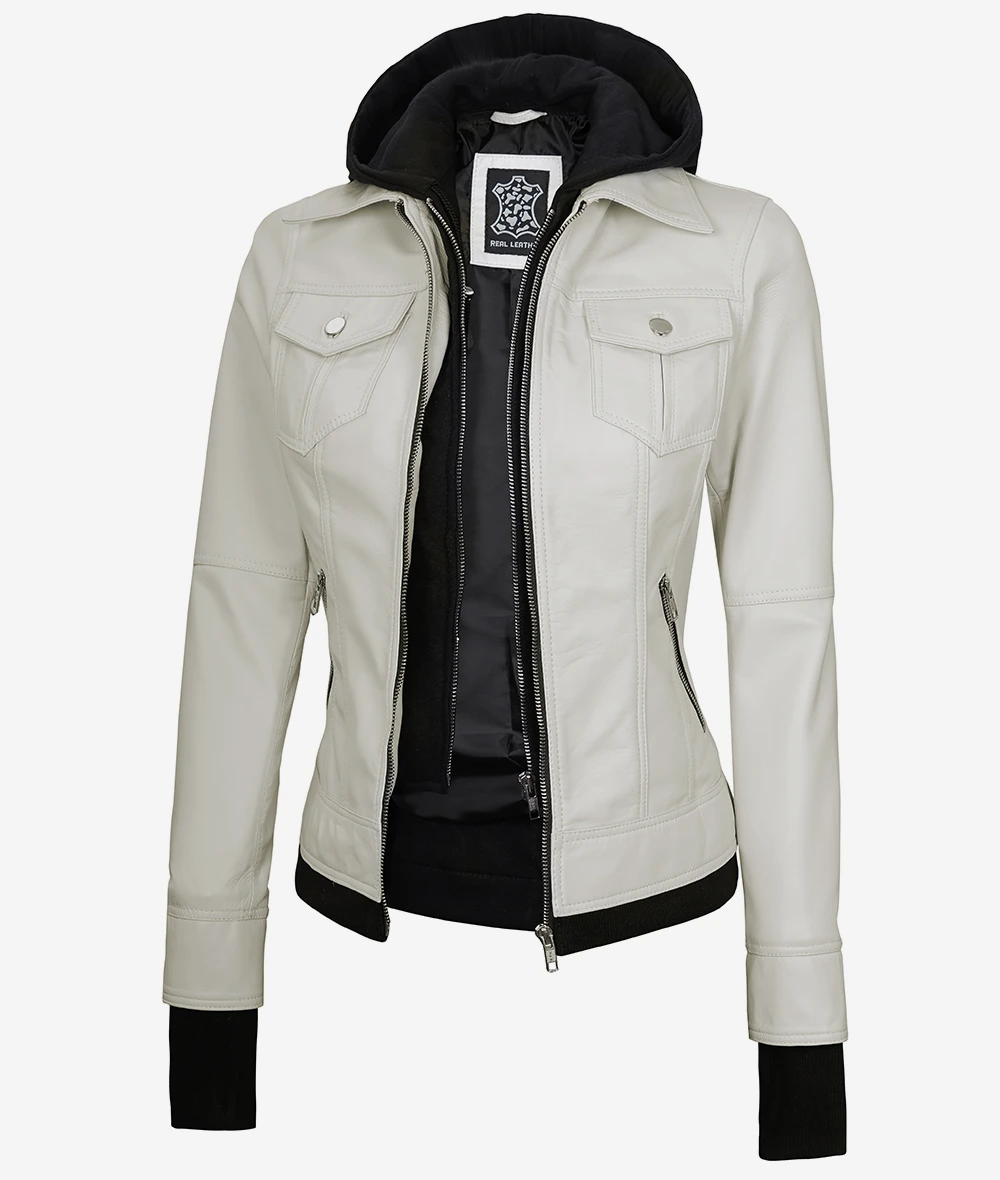 Womens Off White Bomber Leather Jacket with Removable Hood