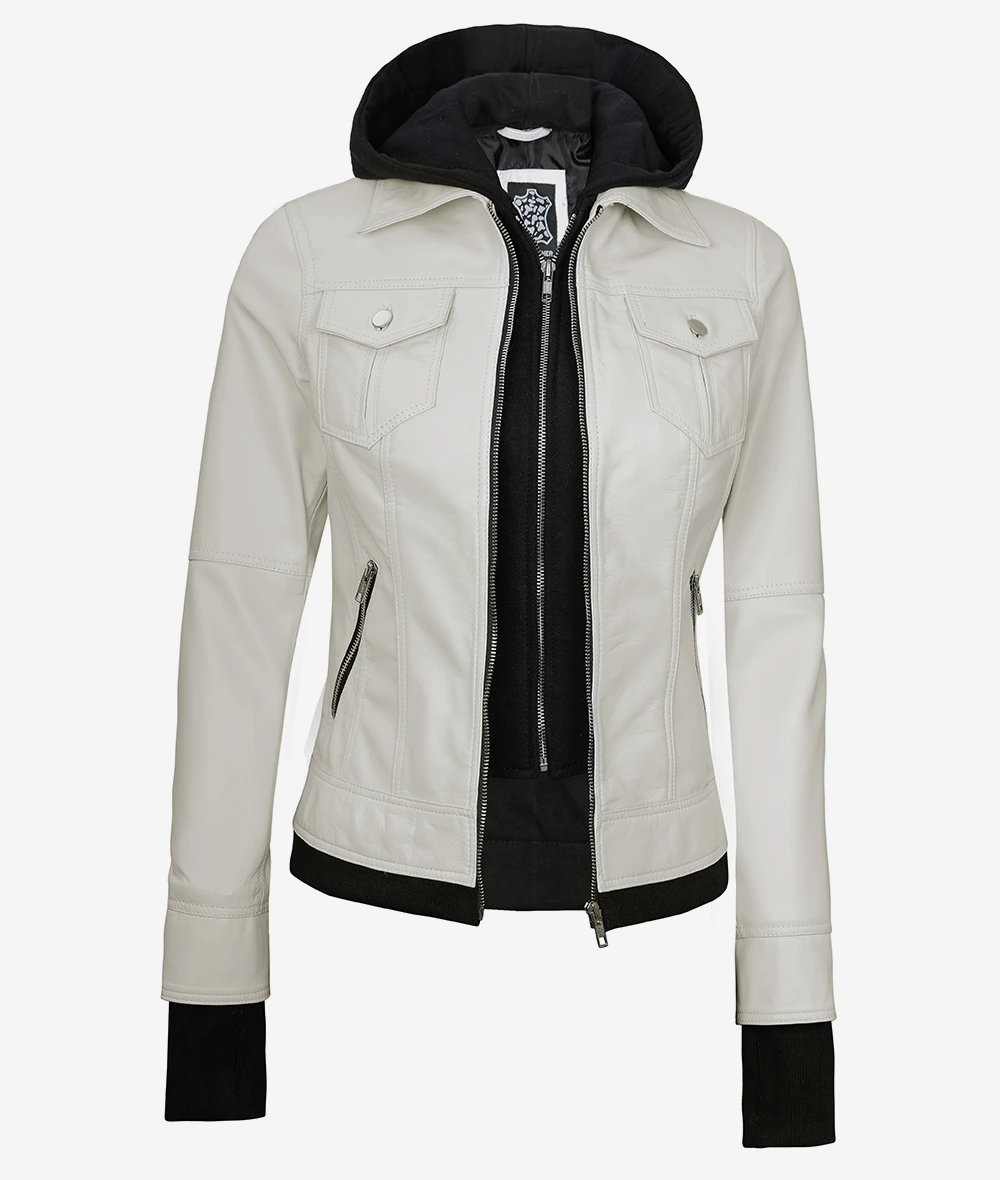 Womens Off White Bomber Leather Jacket with Removable Hood