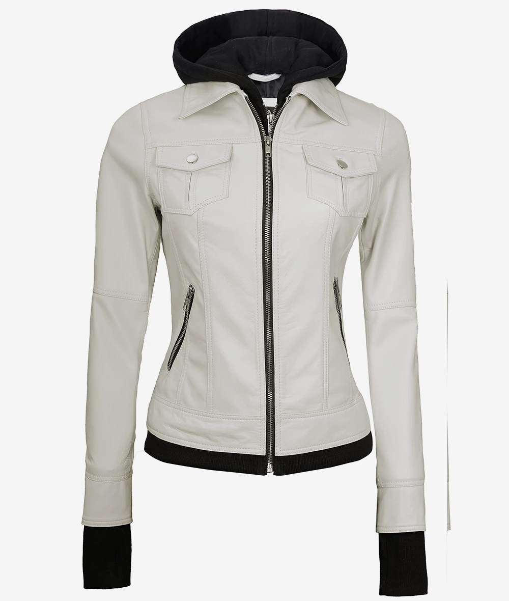 Womens Off White Bomber Leather Jacket with Removable Hood