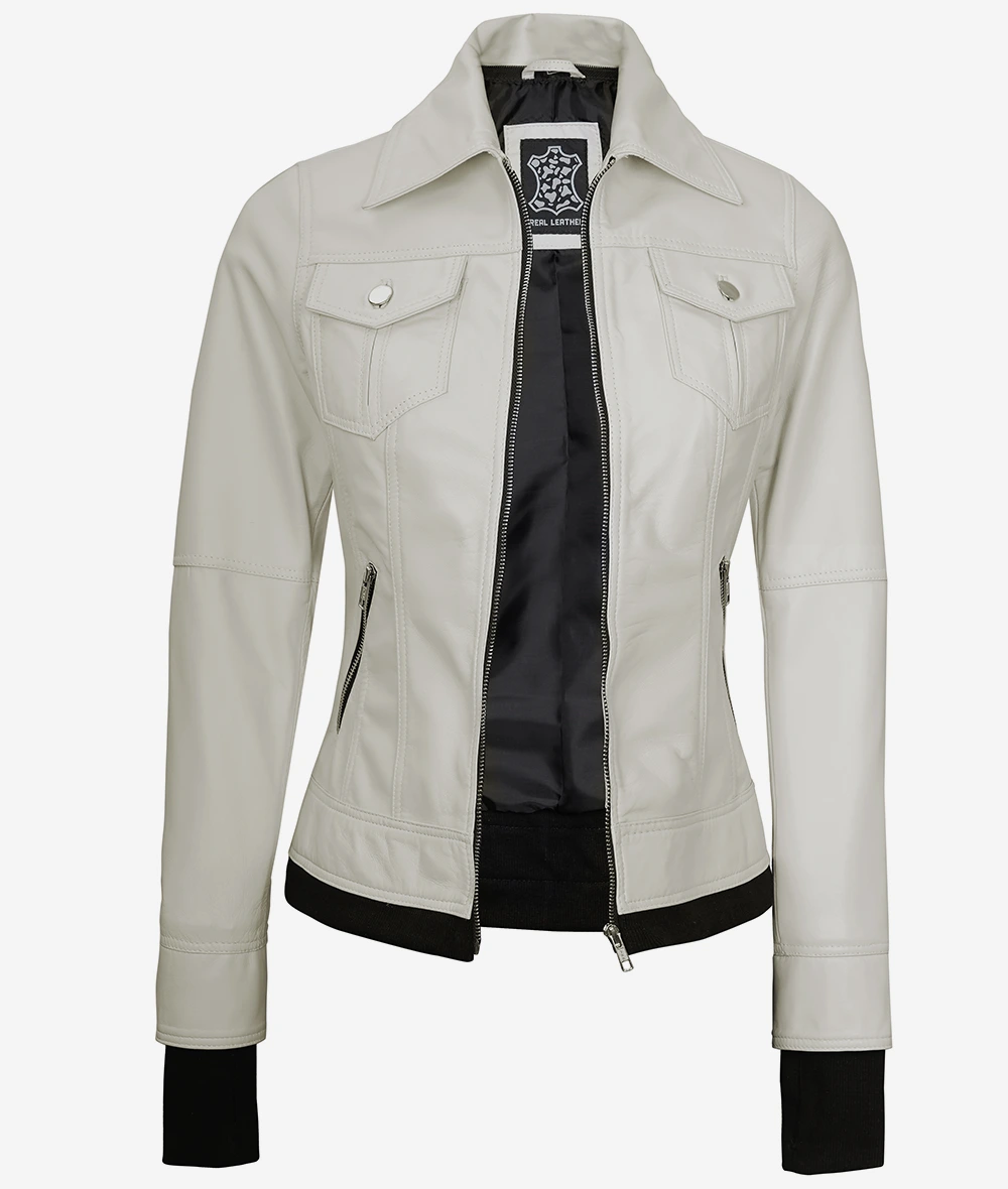 Womens Off White Bomber Leather Jacket with Removable Hood