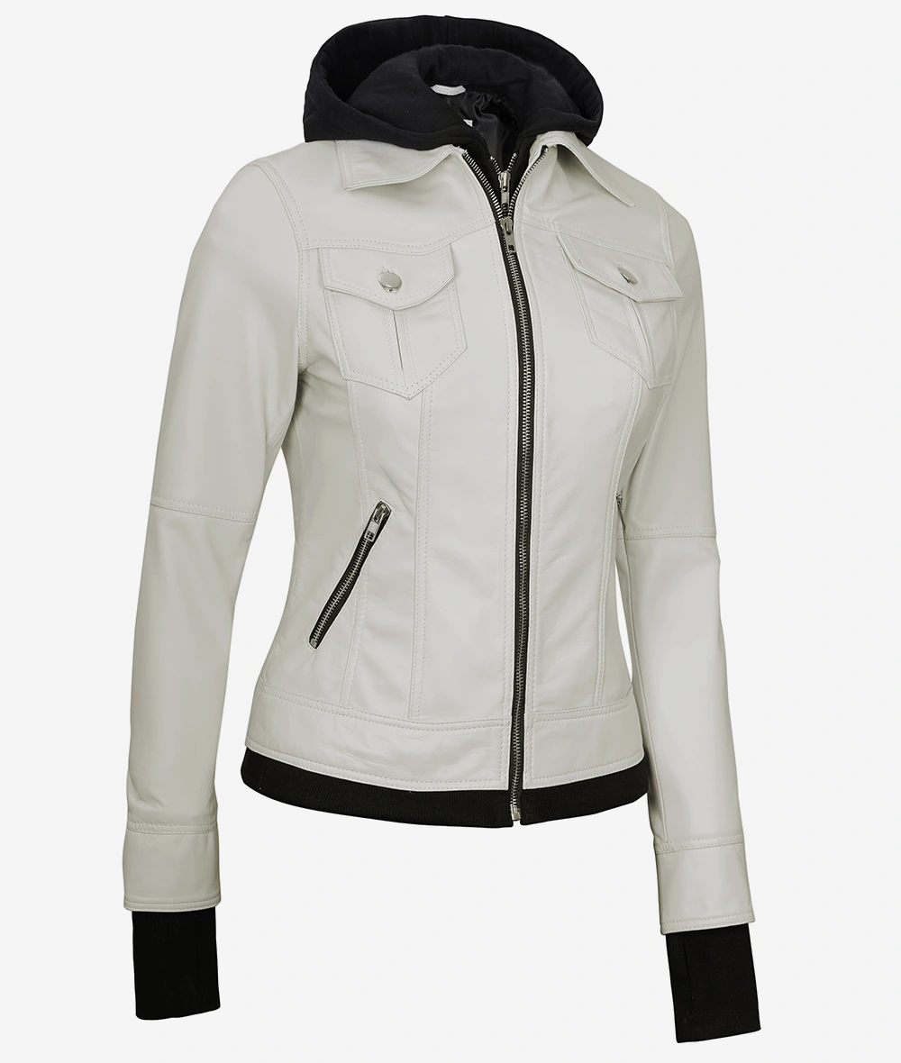 Womens Off White Bomber Leather Jacket with Removable Hood