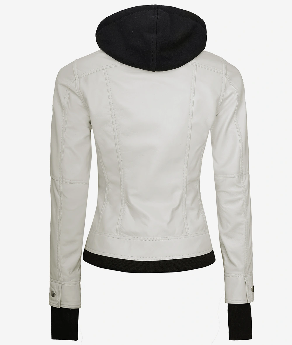 Womens Off White Bomber Leather Jacket with Removable Hood