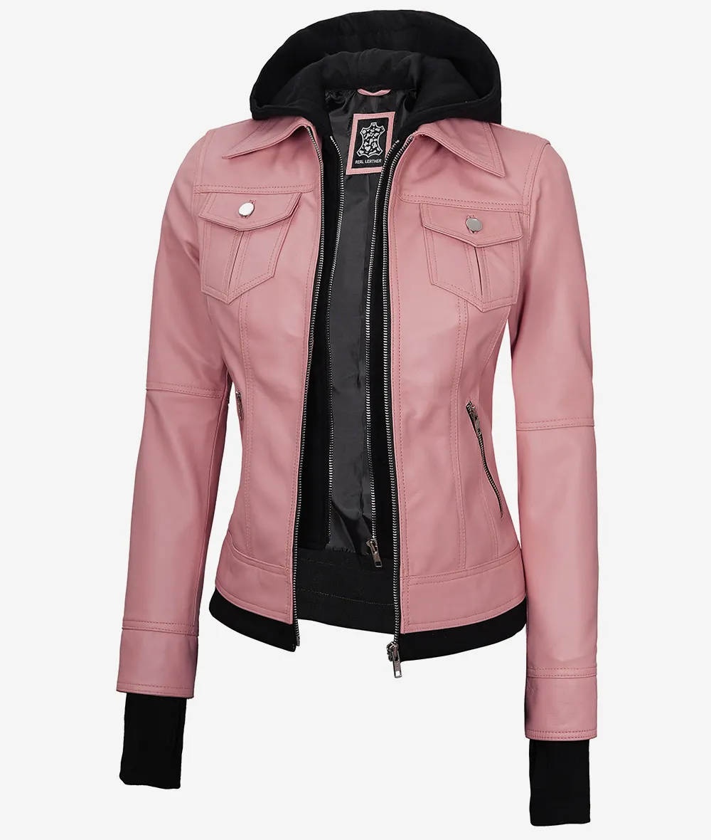 Womens Pink Bomber Leather Jacket with Removable Hood