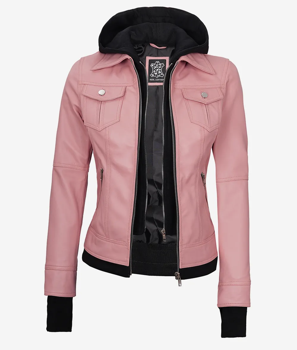 Womens Pink Bomber Leather Jacket with Removable Hood