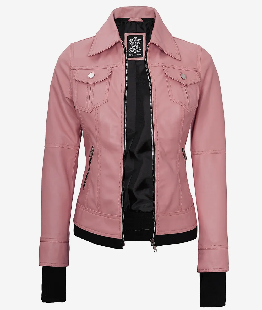 Womens Pink Bomber Leather Jacket with Removable Hood