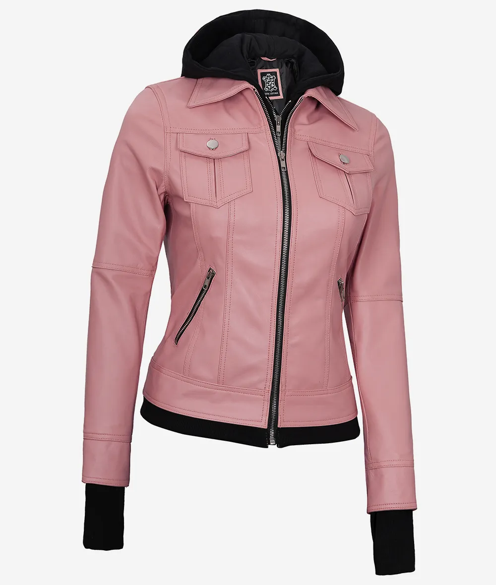 Womens Pink Bomber Leather Jacket with Removable Hood