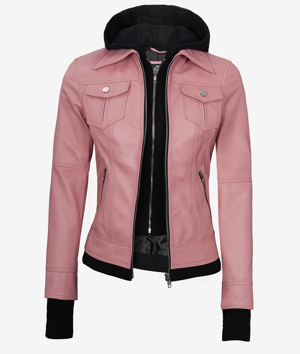 Womens Pink Bomber Leather Jacket with Removable Hood