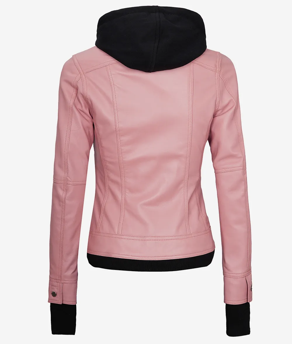 Womens Pink Bomber Leather Jacket with Removable Hood