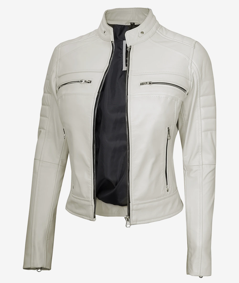 Womens Real Leather Off White Biker Jacket