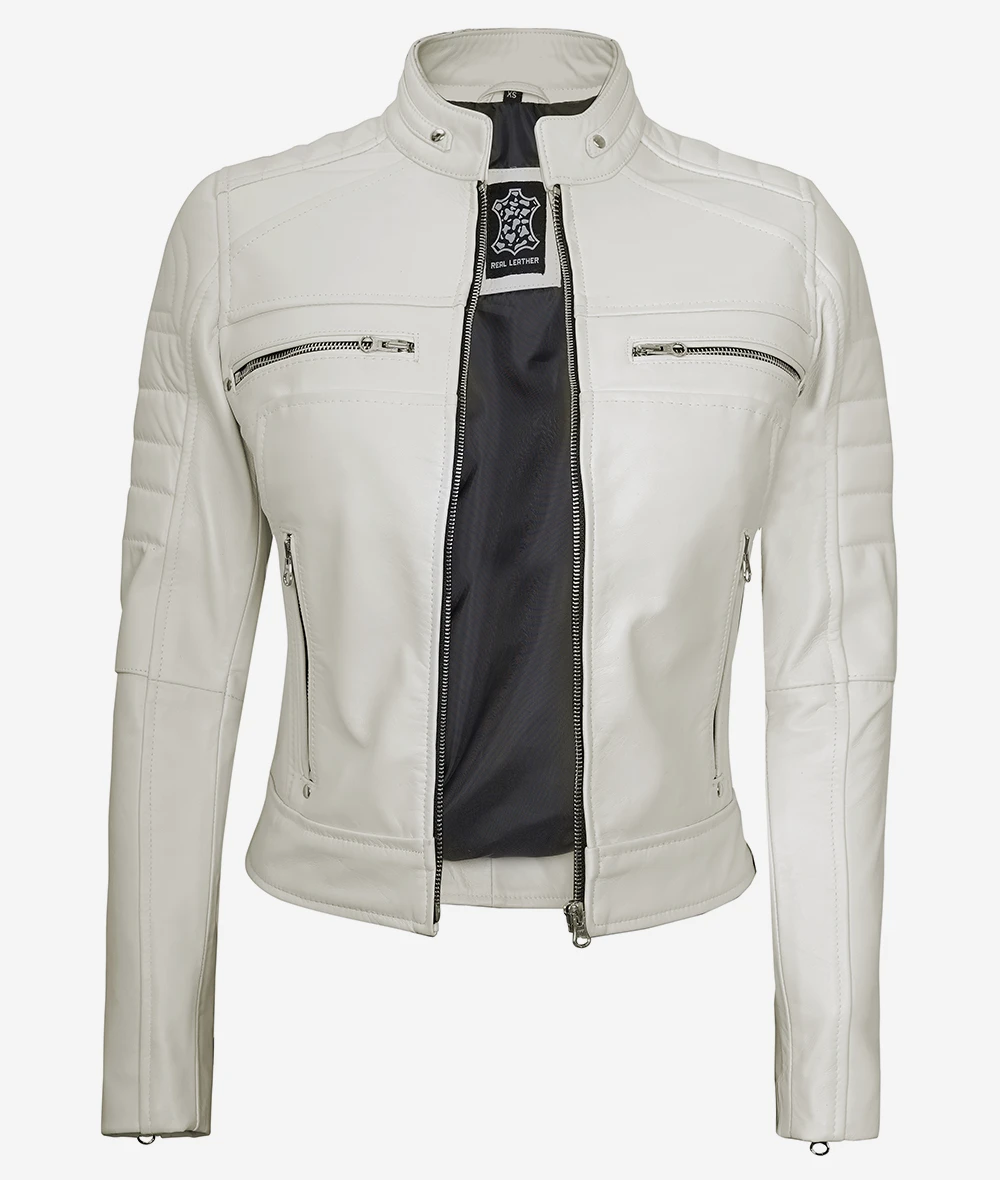 Womens Real Leather Off White Biker Jacket