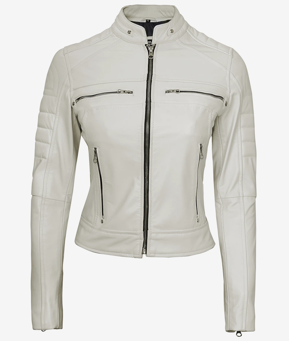 Womens Real Leather Off White Biker Jacket