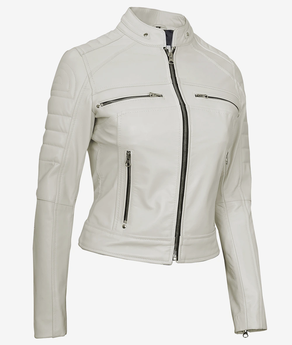 Womens Real Leather Off White Biker Jacket