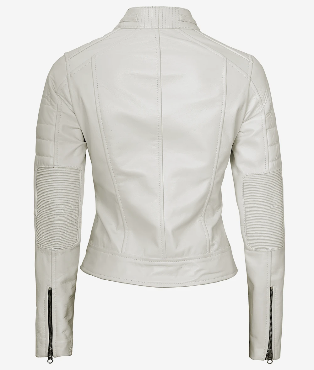 Womens Real Leather Off White Biker Jacket