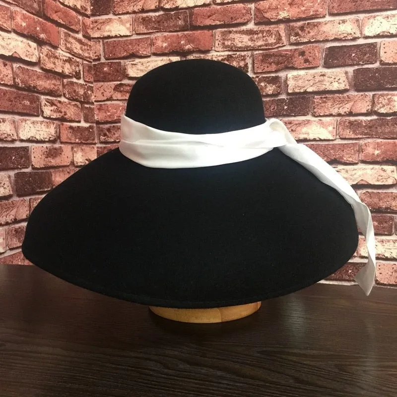 Women's Vintage Fashion Street Style Black Wide Brim Wool Bucket Hat