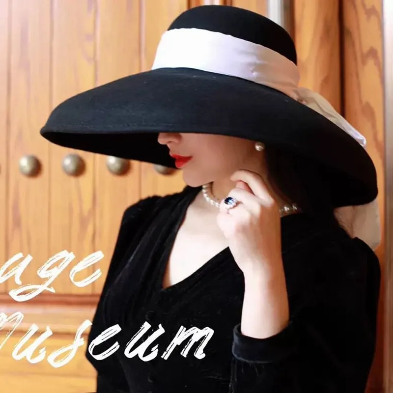 Women's Vintage Fashion Street Style Black Wide Brim Wool Bucket Hat