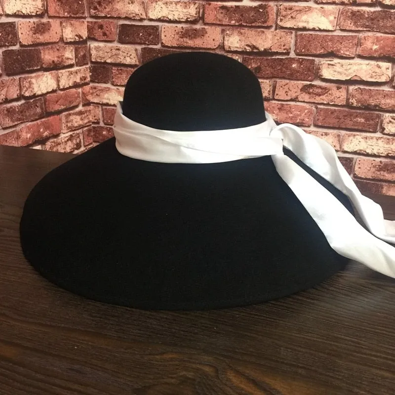 Women's Vintage Fashion Street Style Black Wide Brim Wool Bucket Hat