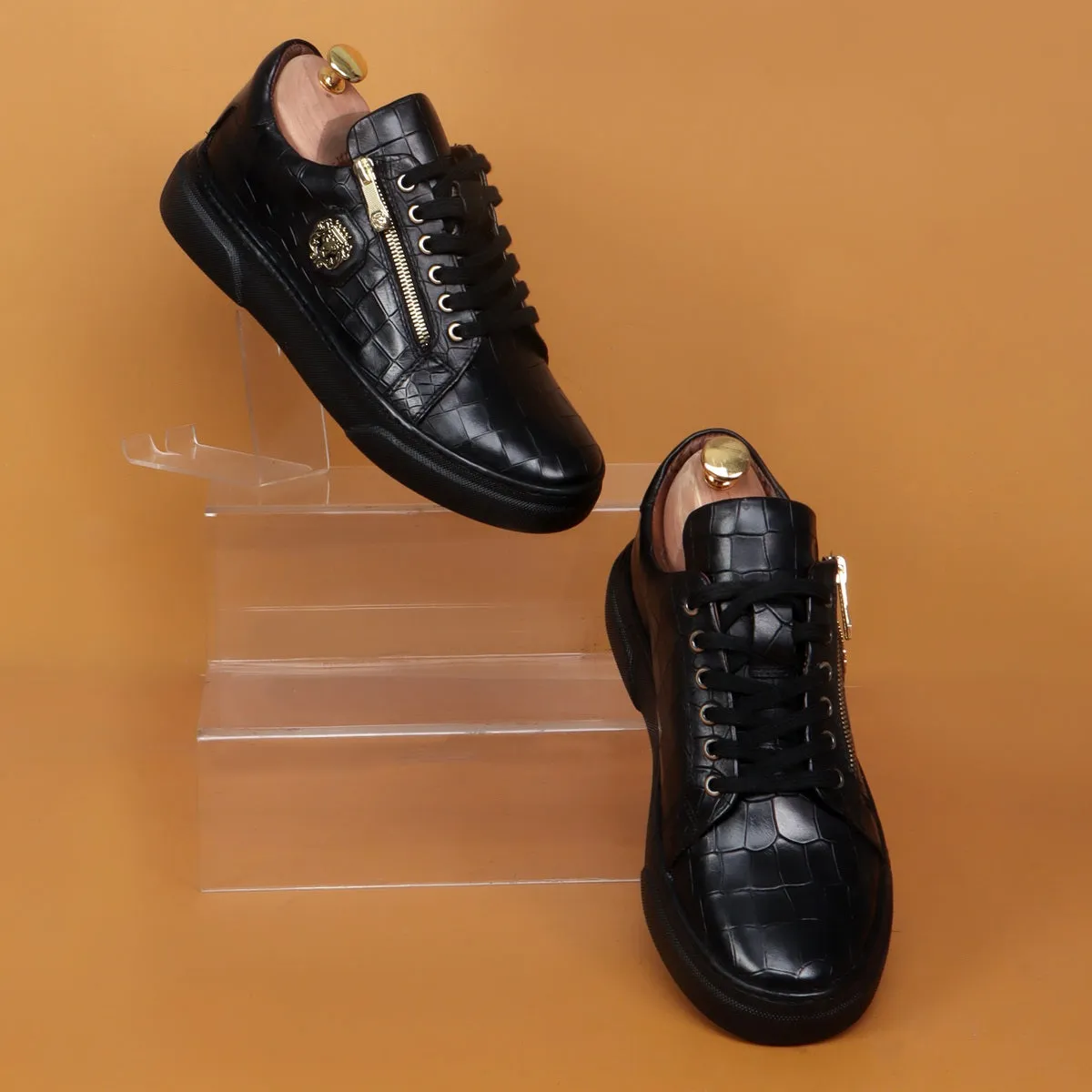 Zipper Black Sneaker in Full Deep Cut Leather with Lace-Up Closure