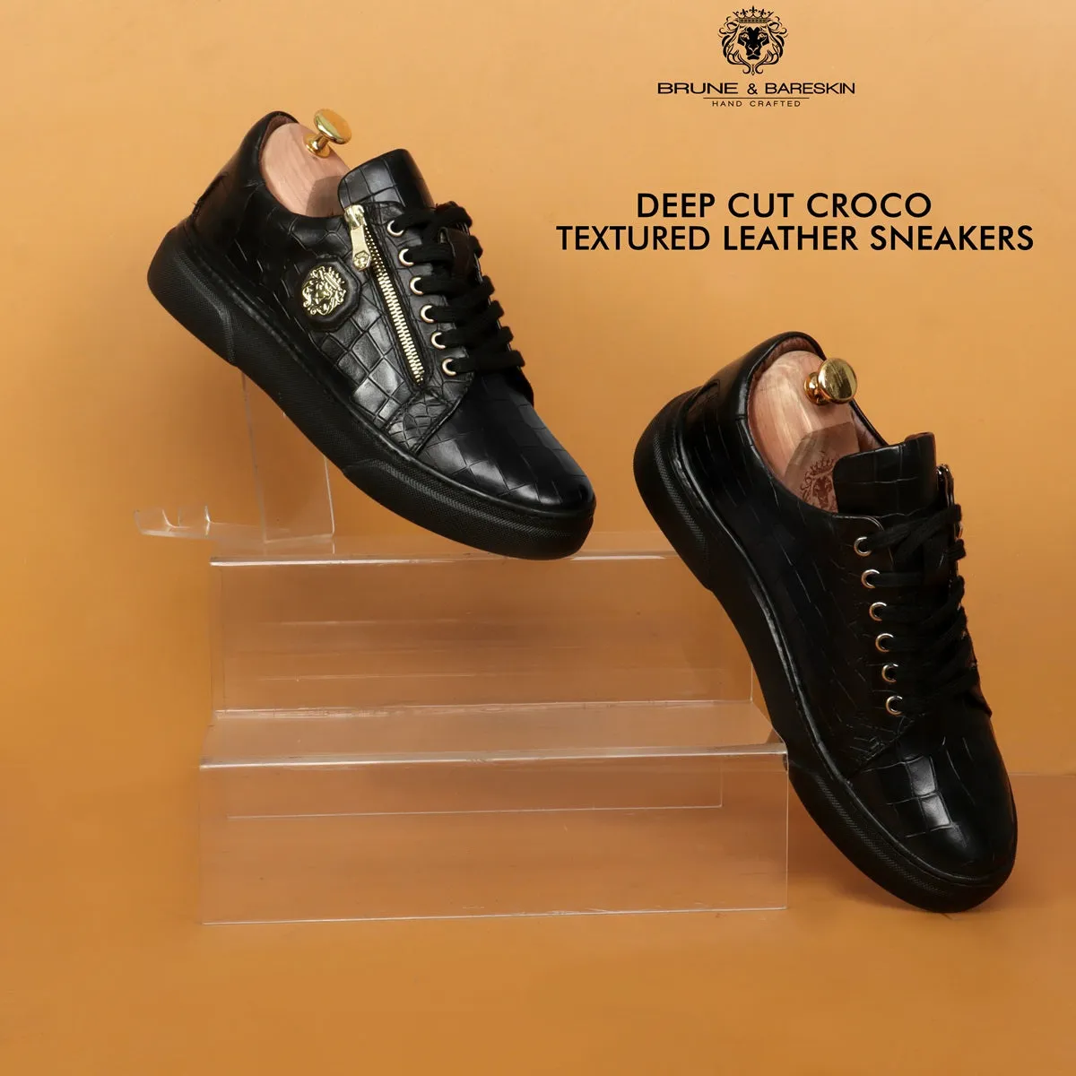 Zipper Black Sneaker in Full Deep Cut Leather with Lace-Up Closure