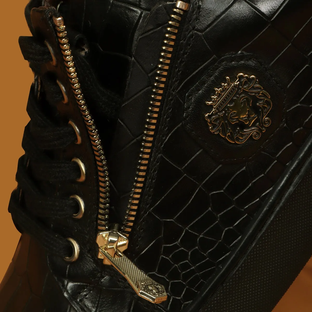 Zipper Black Sneaker in Full Deep Cut Leather with Lace-Up Closure