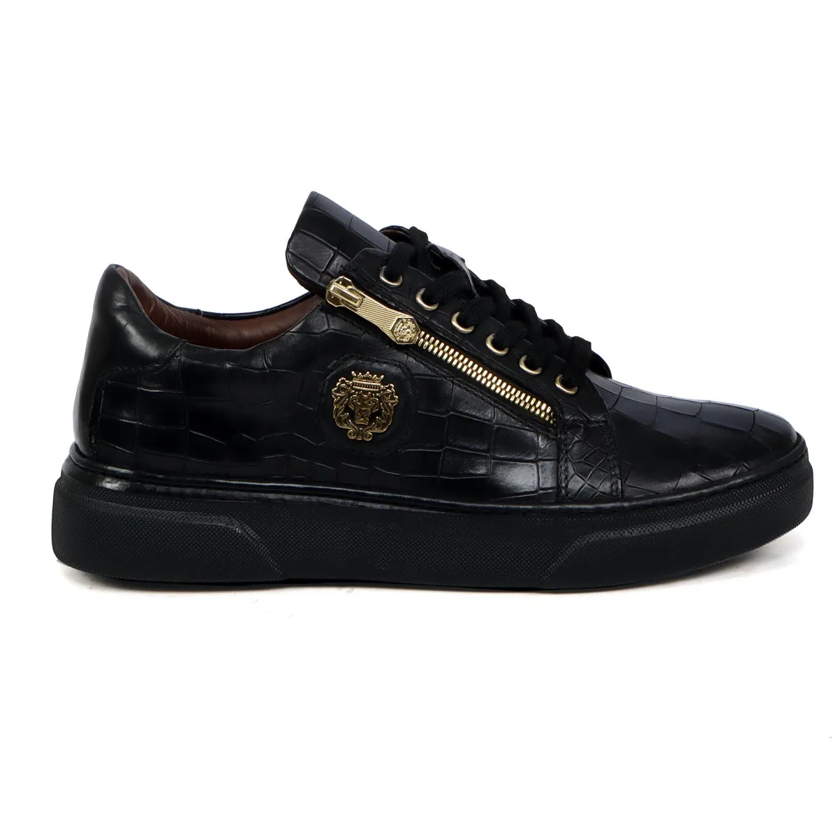 Zipper Black Sneaker in Full Deep Cut Leather with Lace-Up Closure