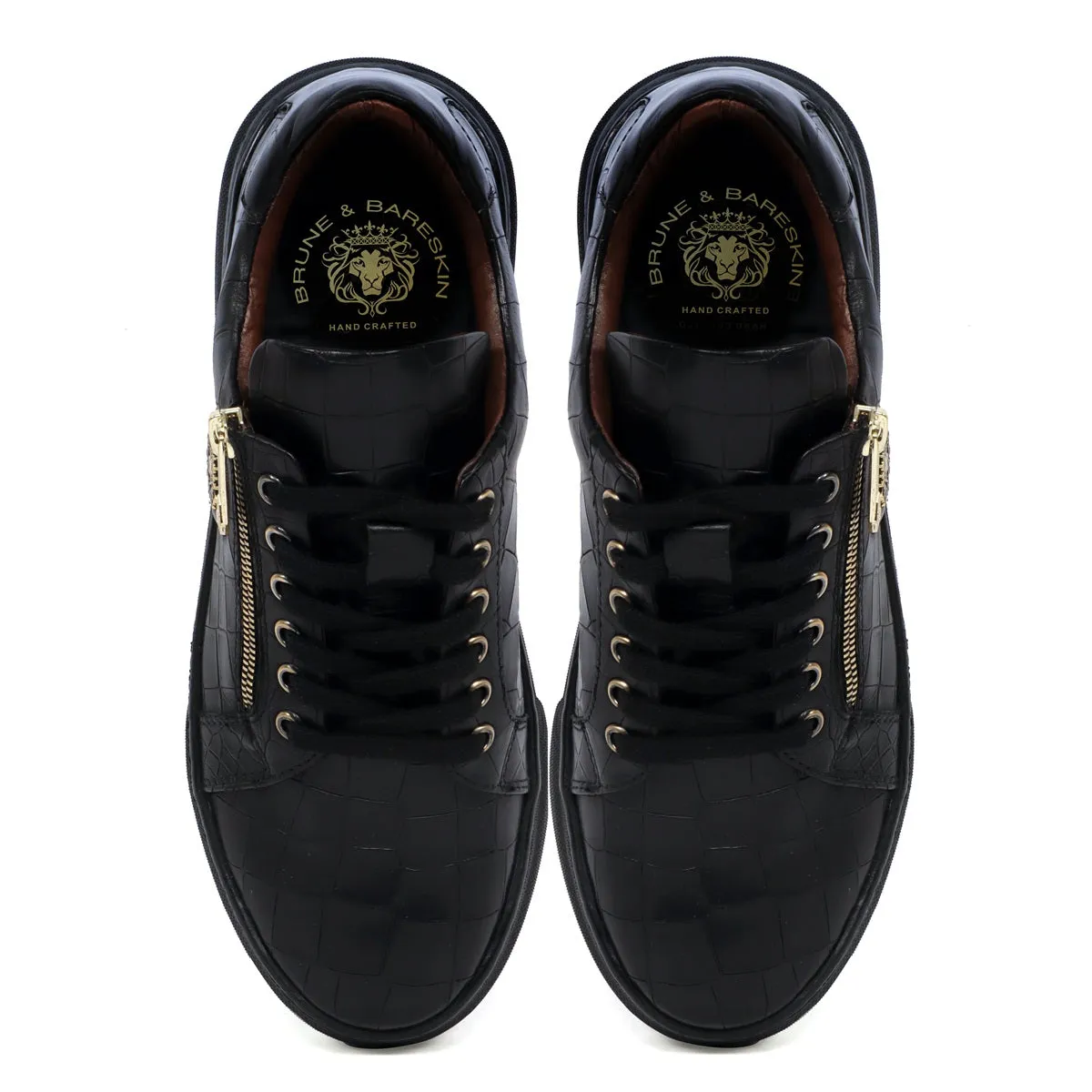 Zipper Black Sneaker in Full Deep Cut Leather with Lace-Up Closure