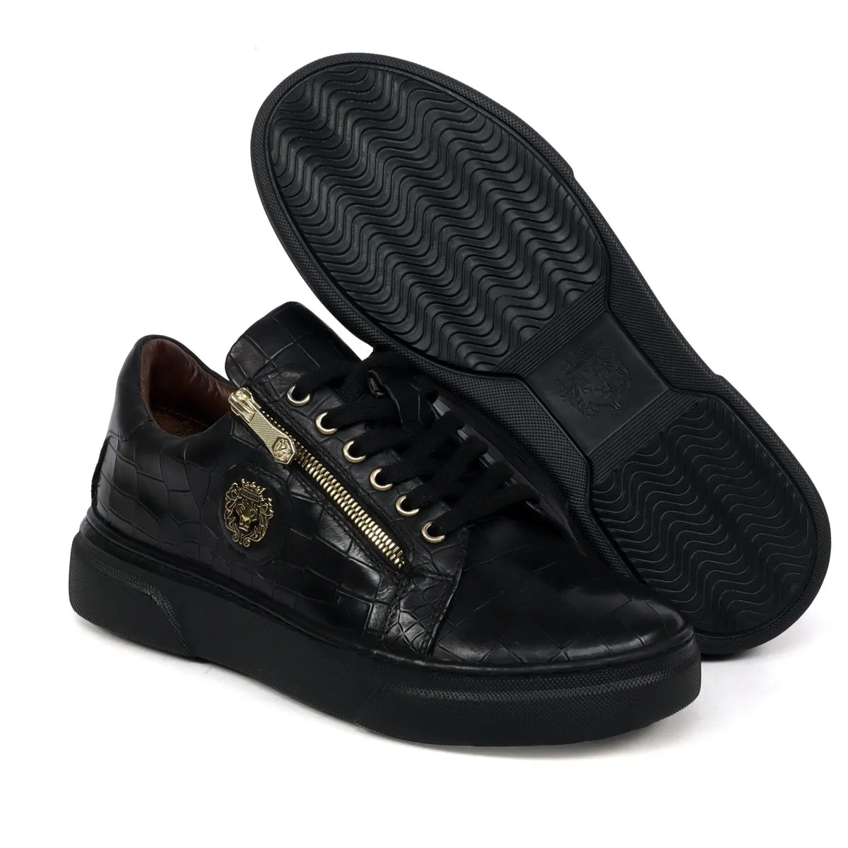 Zipper Black Sneaker in Full Deep Cut Leather with Lace-Up Closure