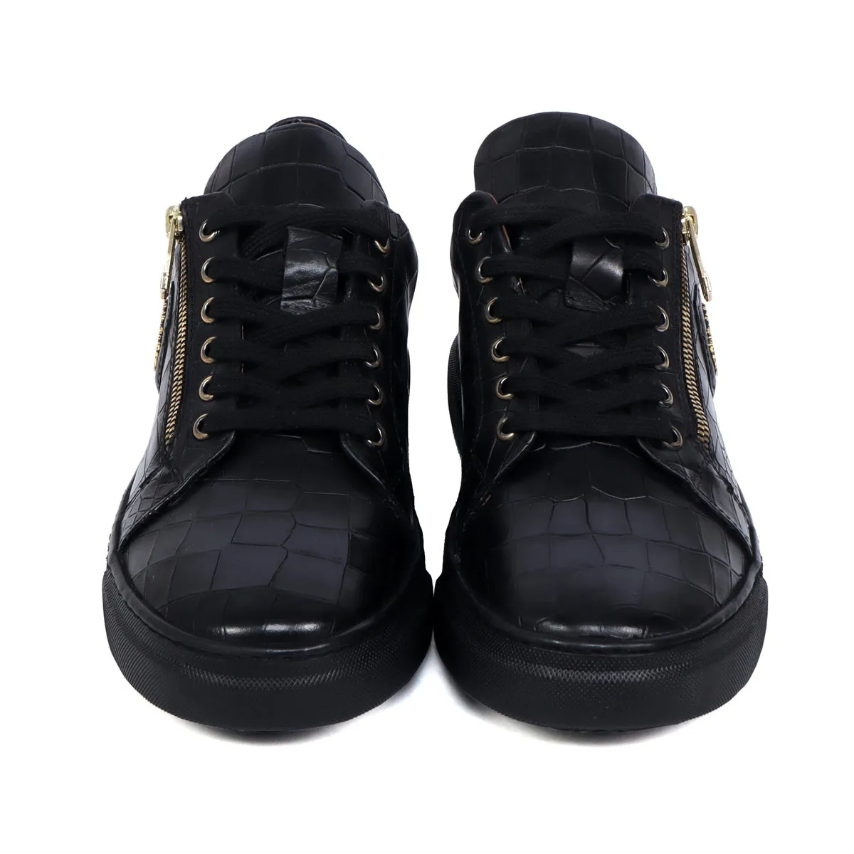 Zipper Black Sneaker in Full Deep Cut Leather with Lace-Up Closure